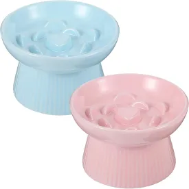 2 Pack Raised Slow Feeder Cat Bowls Ceramic Elevated Cat Food Bowl Anti Vomiting Slow Feeder Bowl for Dog and Cat for Dry and Wet Food Kitten Home(Blue, Pink)