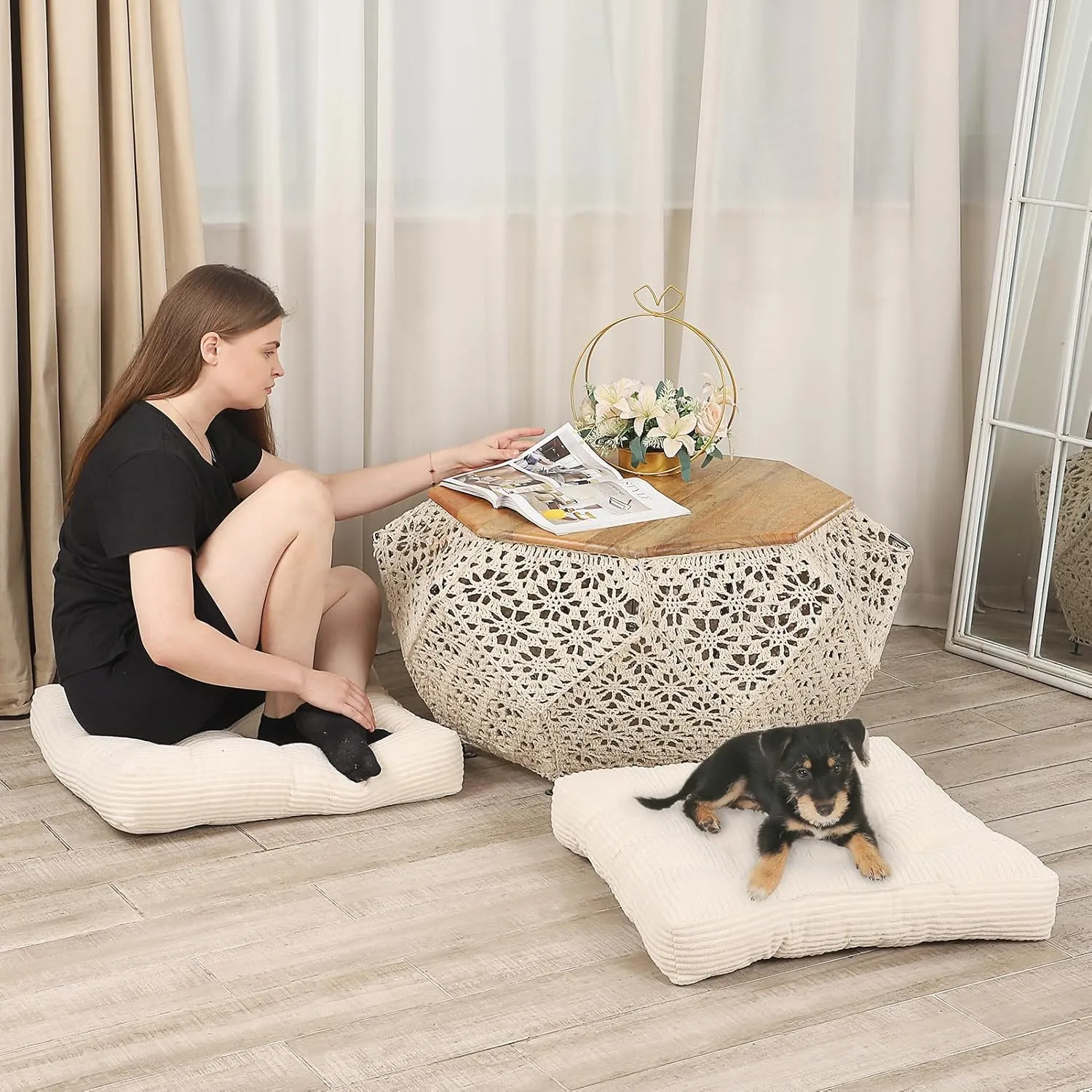 22 inches Floor Cushions for Adults, Square Large Meditation Pillow, Thick Corduroy Floor Pillows for Sitting, Yoga, Living Room, Sofa, Tatami, Beige