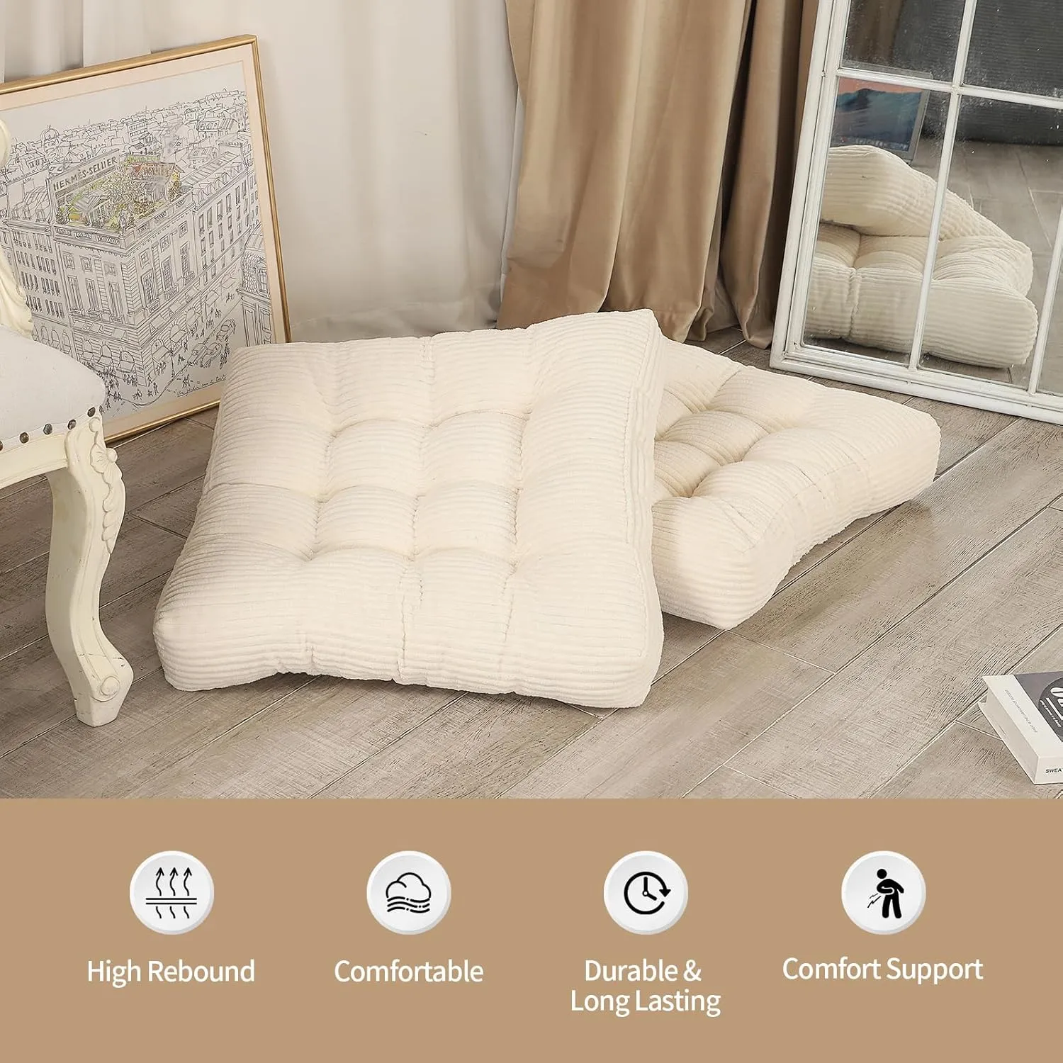 22 inches Floor Cushions for Adults, Square Large Meditation Pillow, Thick Corduroy Floor Pillows for Sitting, Yoga, Living Room, Sofa, Tatami, Beige