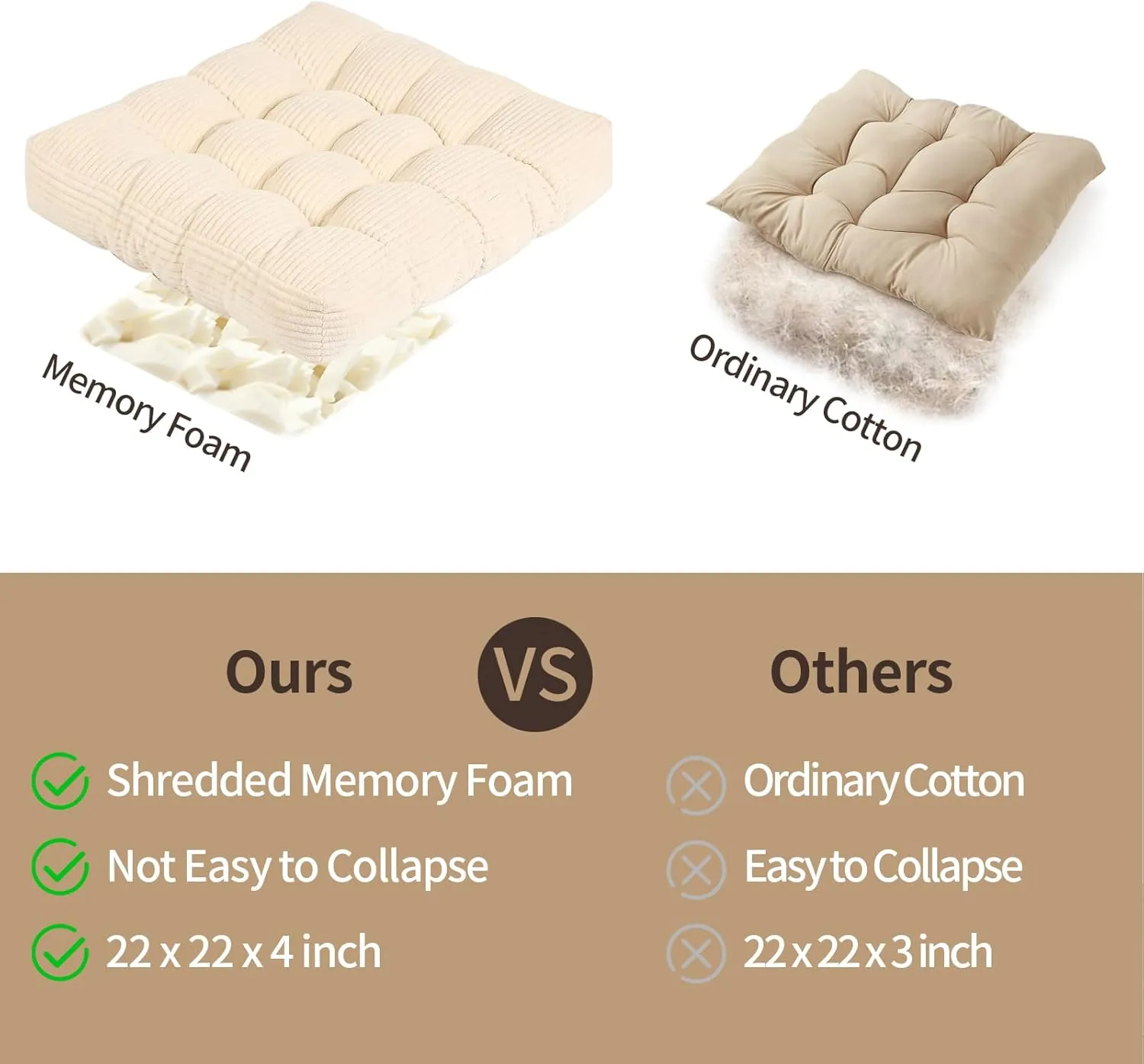 22 inches Floor Cushions for Adults, Square Large Meditation Pillow, Thick Corduroy Floor Pillows for Sitting, Yoga, Living Room, Sofa, Tatami, Beige