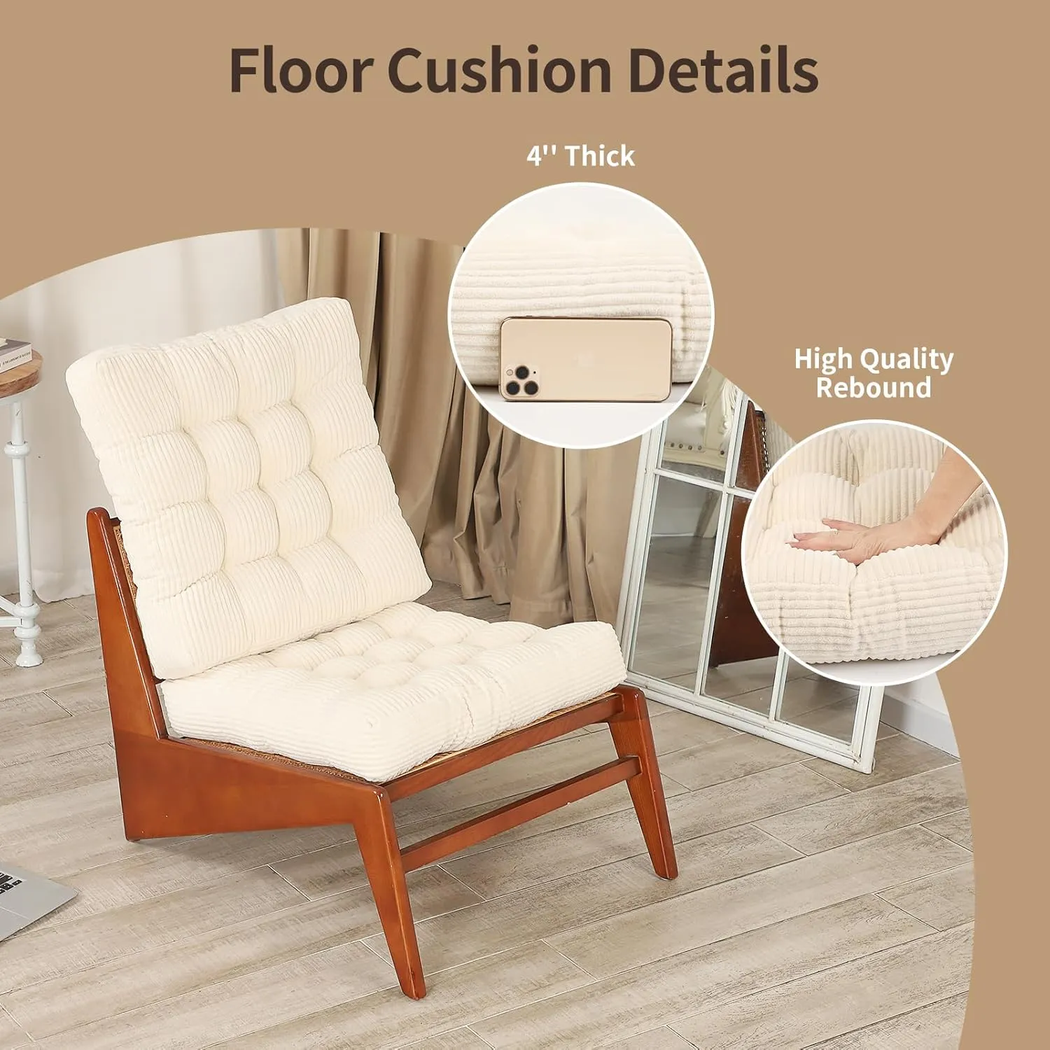22 inches Floor Cushions for Adults, Square Large Meditation Pillow, Thick Corduroy Floor Pillows for Sitting, Yoga, Living Room, Sofa, Tatami, Beige