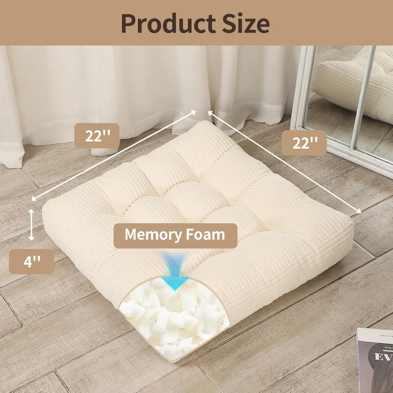 22 inches Floor Cushions for Adults, Square Large Meditation Pillow, Thick Corduroy Floor Pillows for Sitting, Yoga, Living Room, Sofa, Tatami, Beige