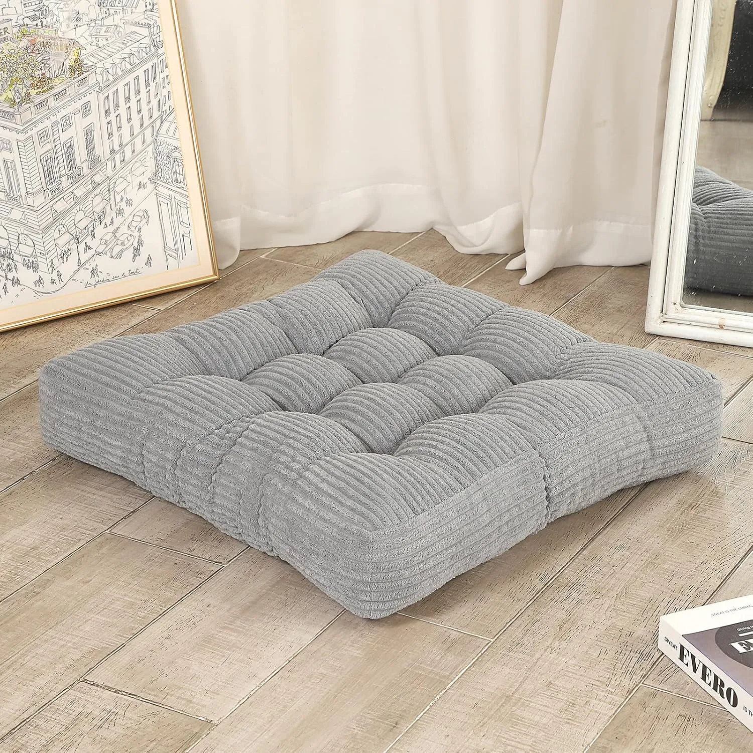 22 inches Meditation Pillow, Square Large Floor Cushions for Adults, Thick Corduroy Floor Pillows for Sitting, Yoga, Living Room, Sofa, Tatami, LightGrey