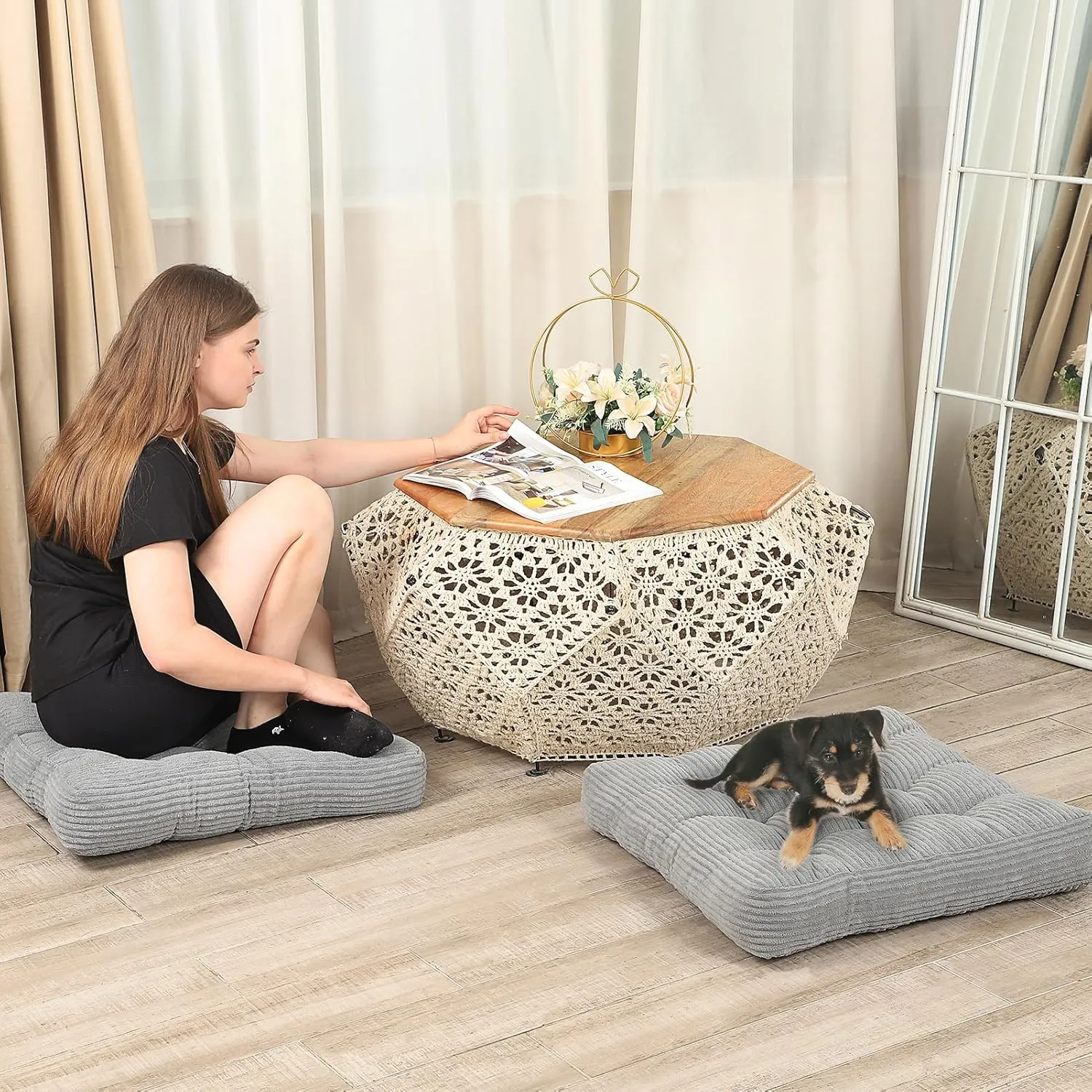 22 inches Meditation Pillow, Square Large Floor Cushions for Adults, Thick Corduroy Floor Pillows for Sitting, Yoga, Living Room, Sofa, Tatami, LightGrey
