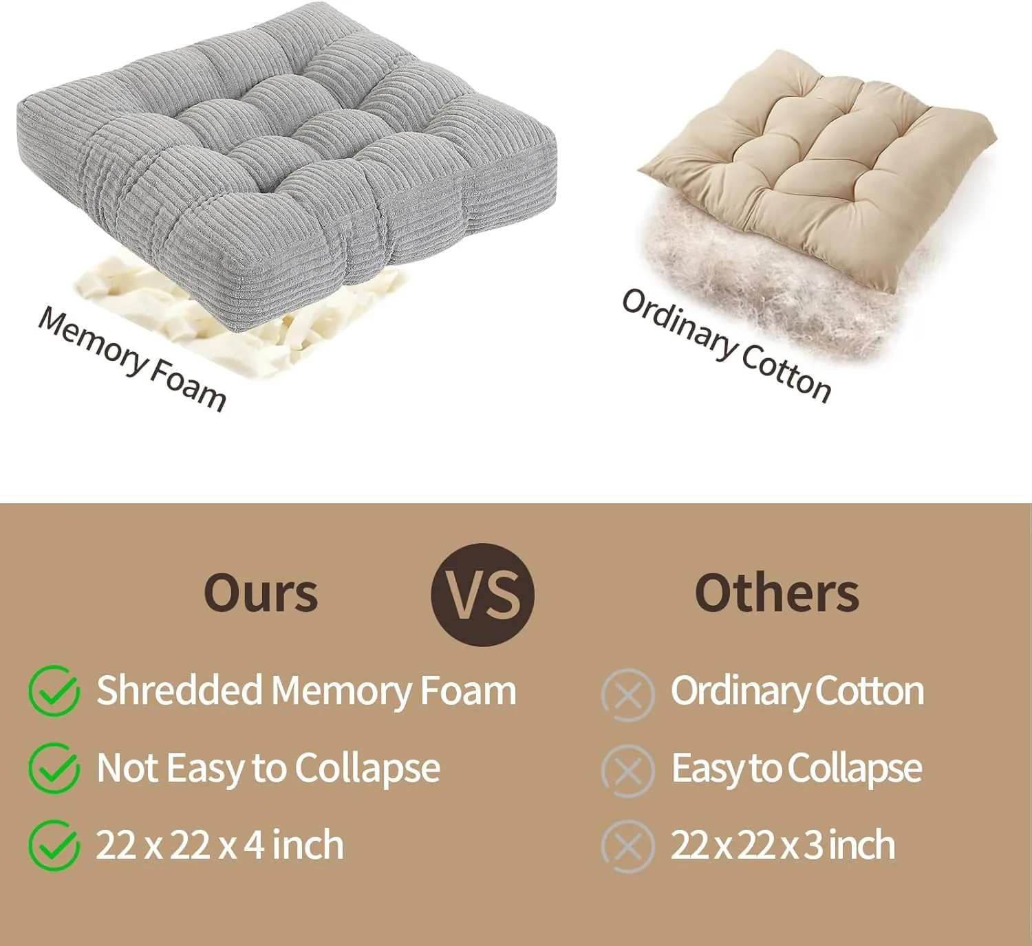 22 inches Meditation Pillow, Square Large Floor Cushions for Adults, Thick Corduroy Floor Pillows for Sitting, Yoga, Living Room, Sofa, Tatami, LightGrey