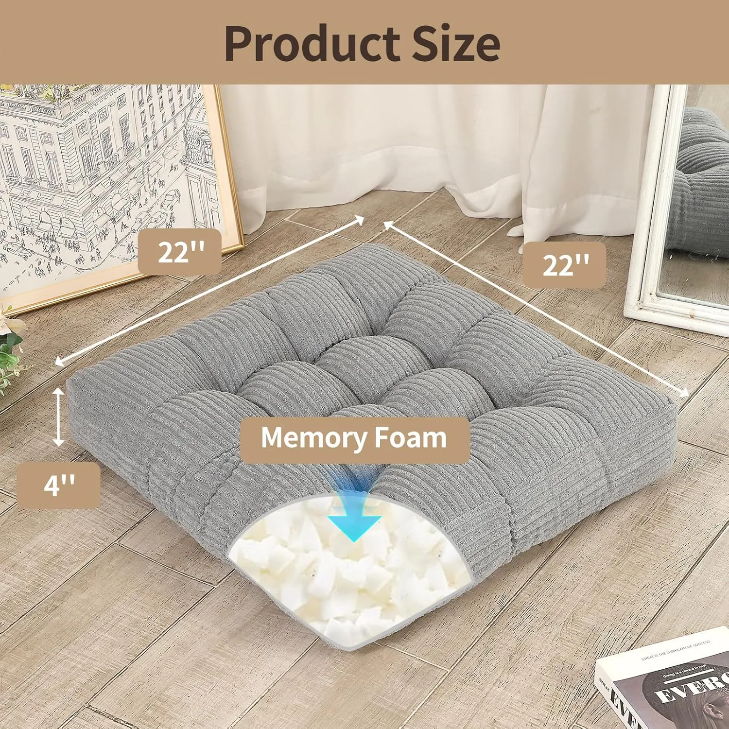 22 inches Meditation Pillow, Square Large Floor Cushions for Adults, Thick Corduroy Floor Pillows for Sitting, Yoga, Living Room, Sofa, Tatami, LightGrey
