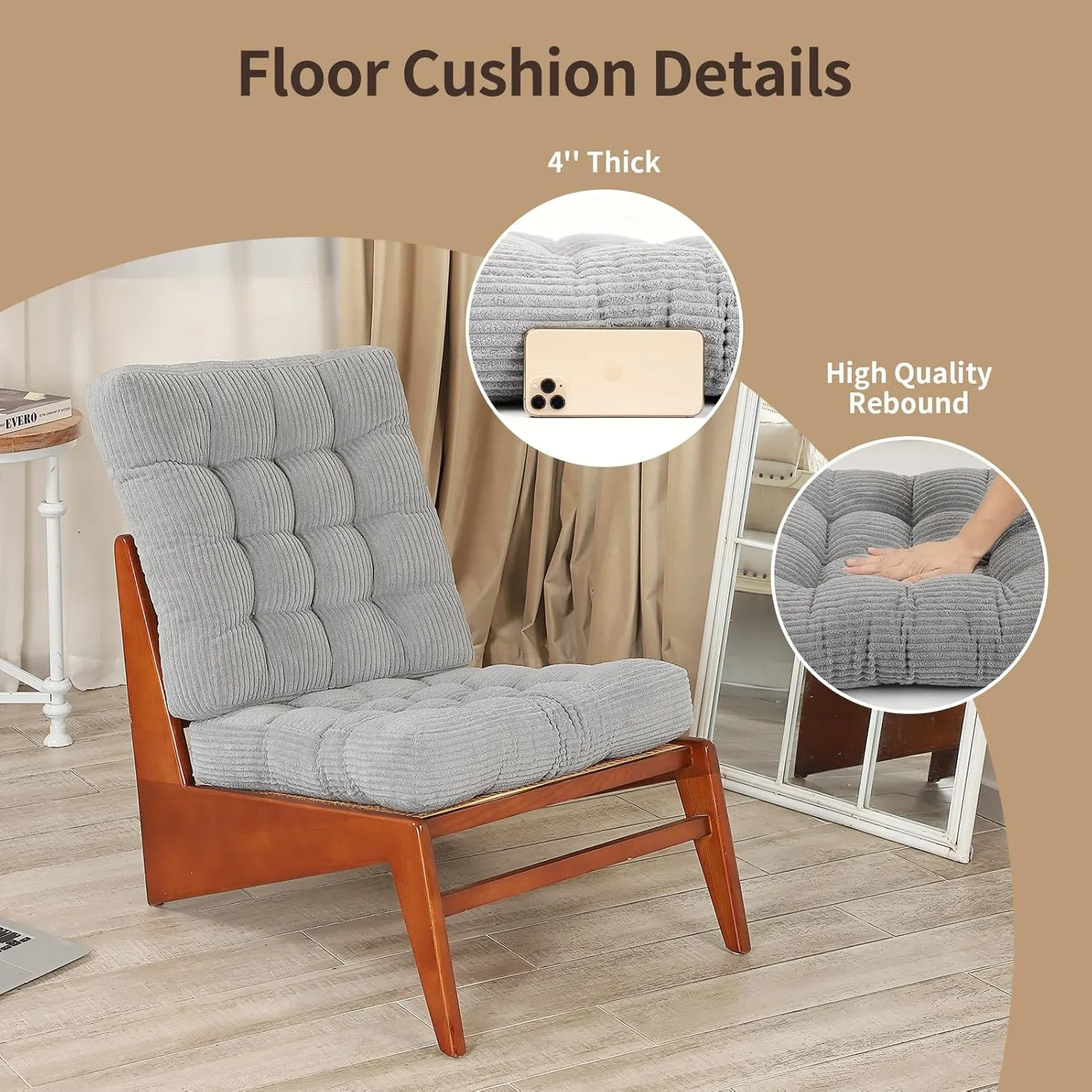 22 inches Meditation Pillow, Square Large Floor Cushions for Adults, Thick Corduroy Floor Pillows for Sitting, Yoga, Living Room, Sofa, Tatami, LightGrey
