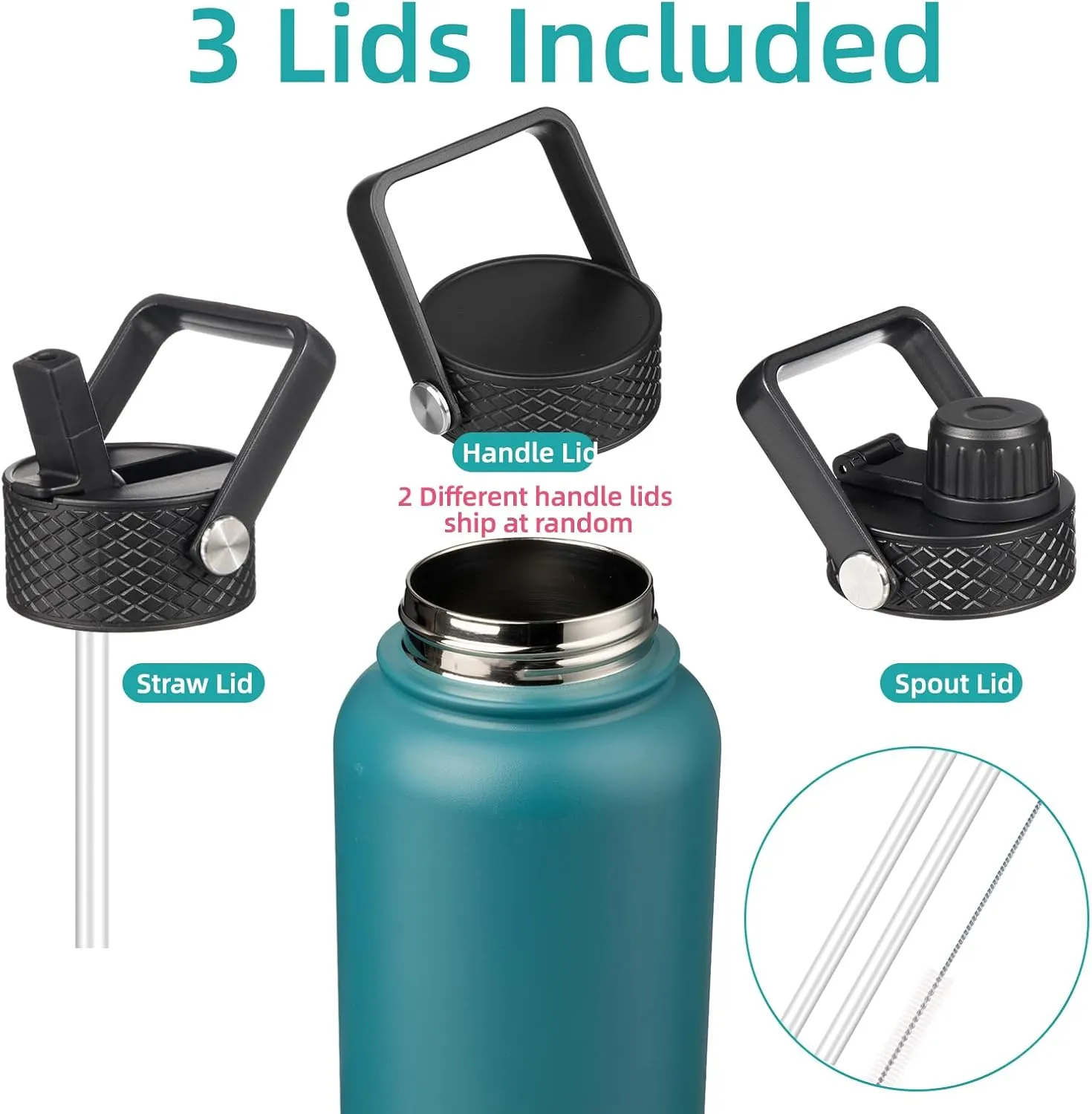 32 oz Insulated Water Bottle Stainless Steel Sport Bottles with 3 Lids,Light Blue