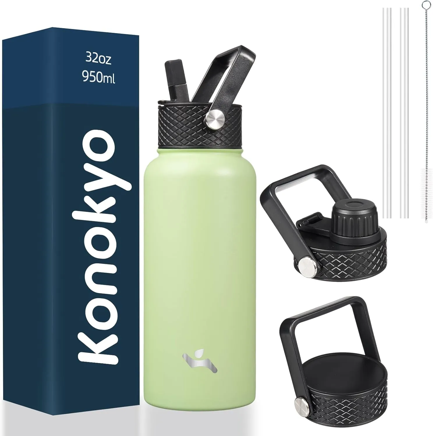 32 oz Insulated Water Bottle Stainless Steel Sport Bottles with 3 Lids,Macaron Green