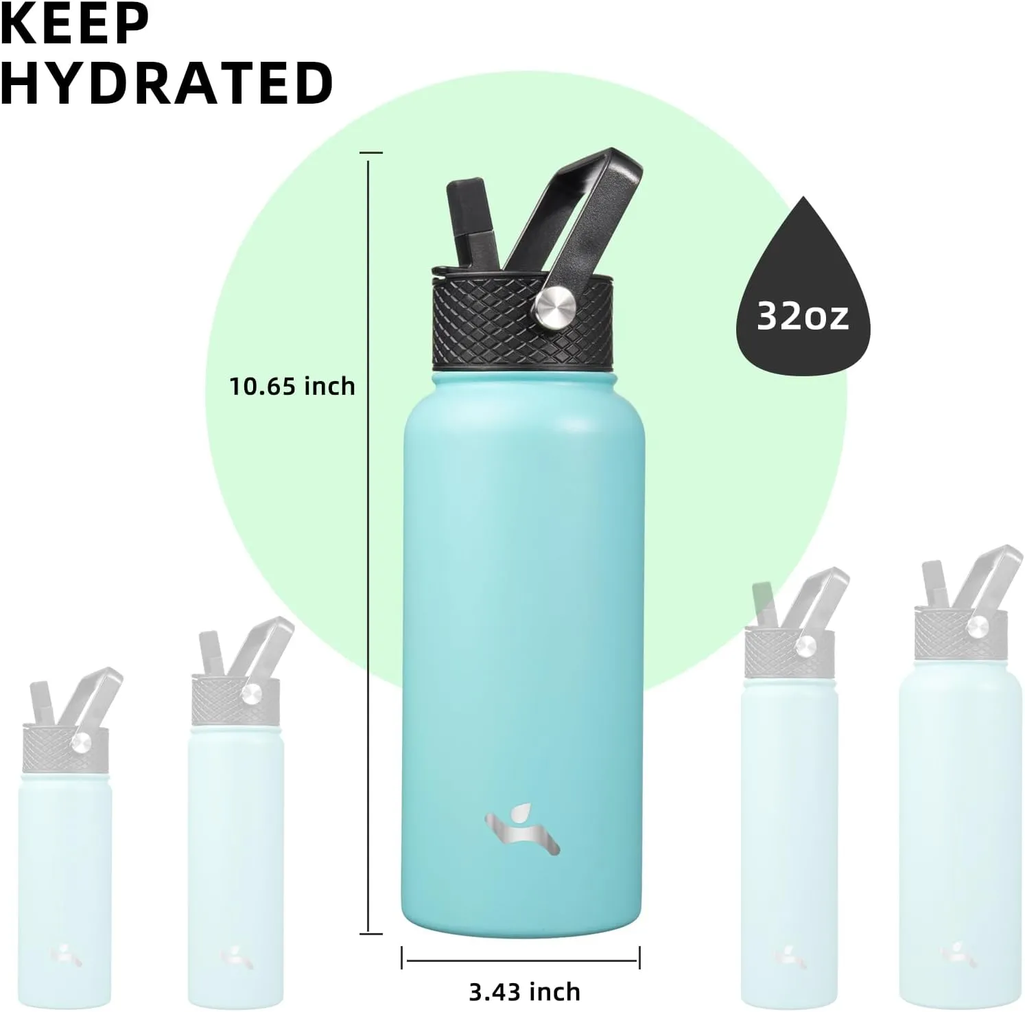 32 oz Insulated Water Bottle Stainless Steel Sport Bottles with 3 Lids,Turquoise