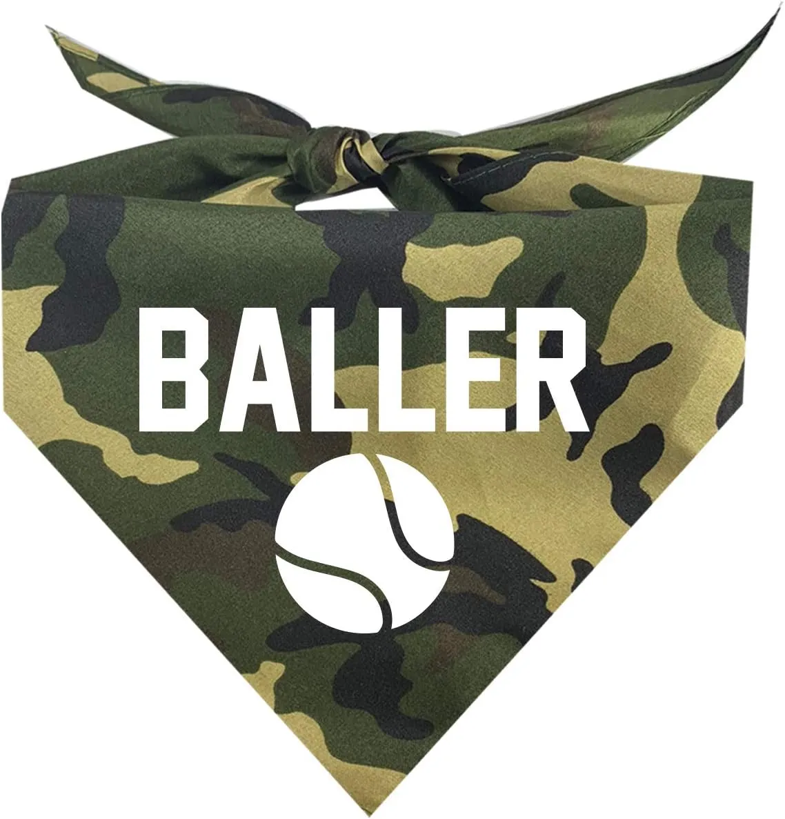 Baller Dog Bandana | 100% Cotton Adjustable Triangle | Made in USA | Tennis | Sports | Biggest Fan | Game, Set, Match | One Size | Camo (347)