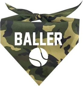 Baller Dog Bandana | 100% Cotton Adjustable Triangle | Made in USA | Tennis | Sports | Biggest Fan | Game, Set, Match | One Size | Camo (347)