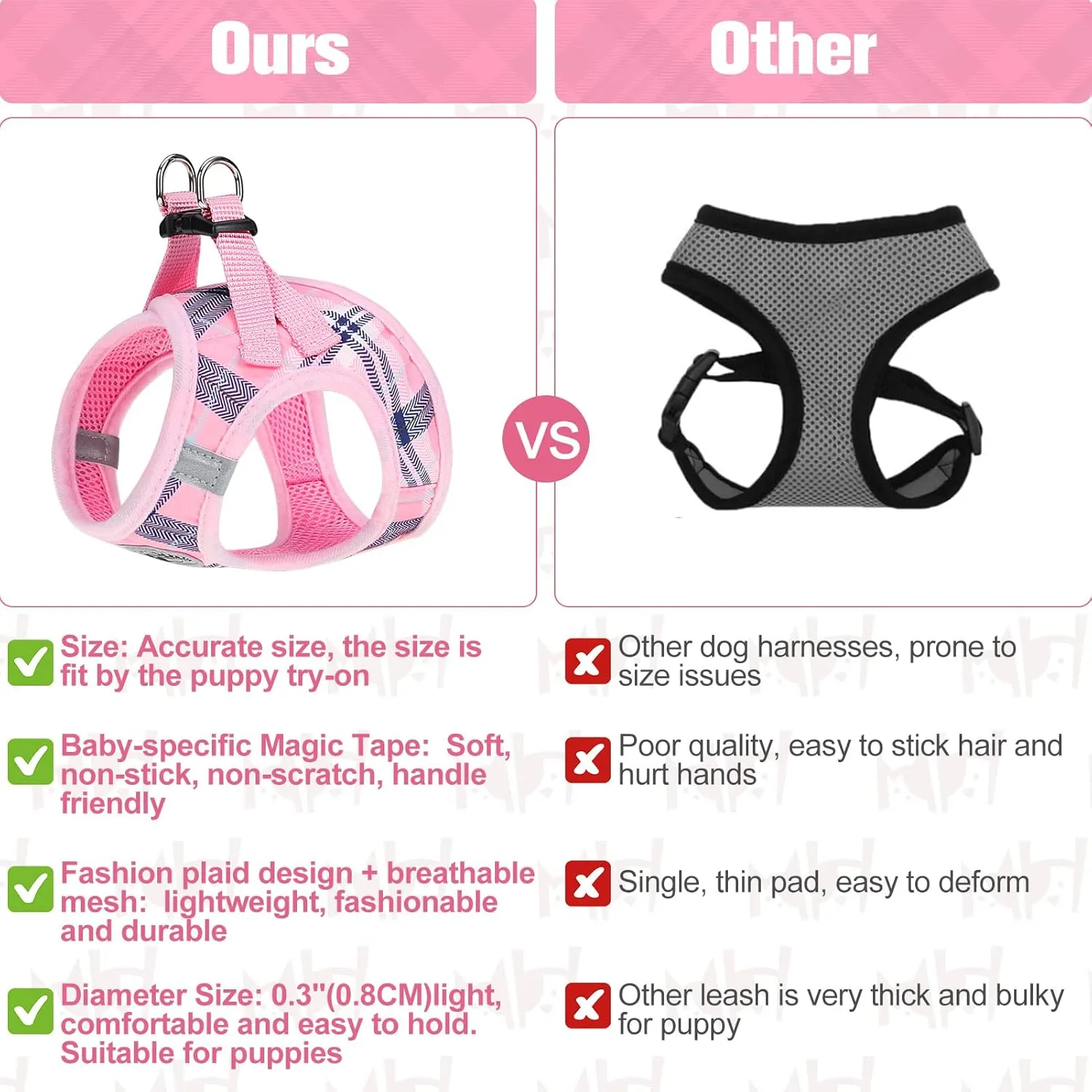 BEAUTYZOO Small Dog Harness and Leash Set,Step in No Choke No Pull Soft Mesh Dog Harnesses Reflective for Extra-Small Medium Puppy Dogs and Cats, Plaid Dog Vest Harness for XS S Pets, Pink S