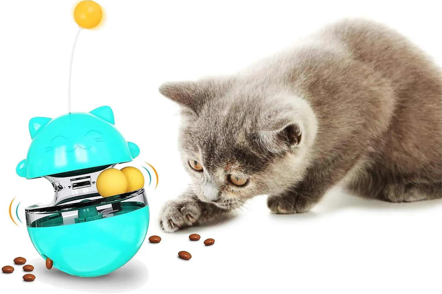 Cat Toy Funny Tumbler Interactive Ball, Treat Dispenser Automatic No-Electronic Move, More Exercise for Indoor Cats Kittens, Cat Self-Play IQ Traning Treat Toy Ball, Blue