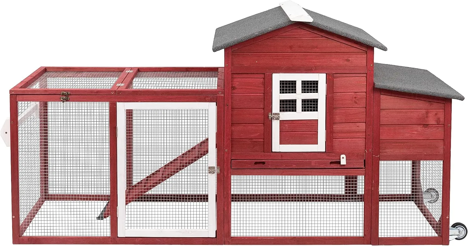 Chicken Coop Solid Wood with Large Run Cage 2 Stories - Asphalt Roof, Nest Box, Pu Wheels, Expandable Solid Wood Cage