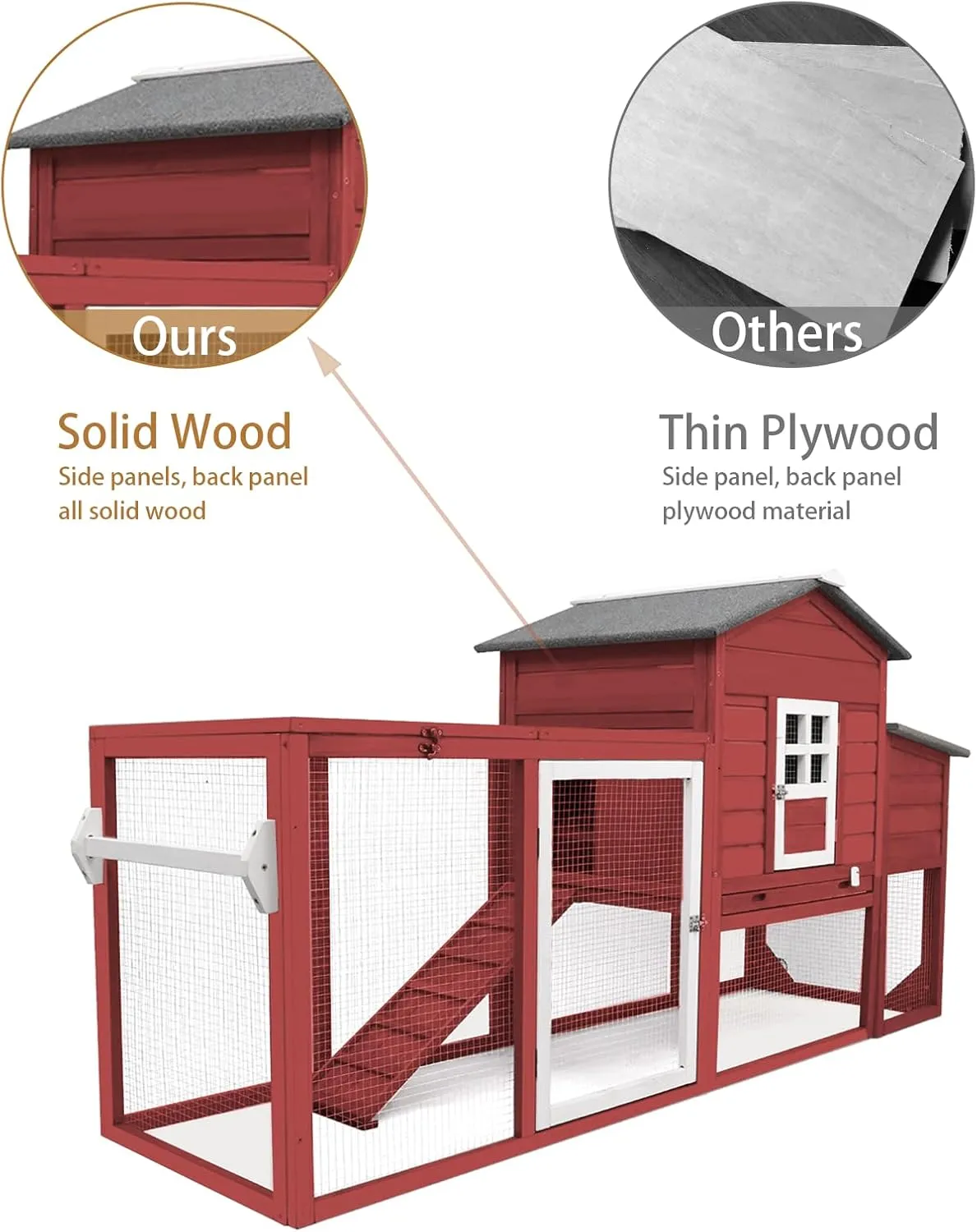 Chicken Coop Solid Wood with Large Run Cage 2 Stories - Asphalt Roof, Nest Box, Pu Wheels, Expandable Solid Wood Cage