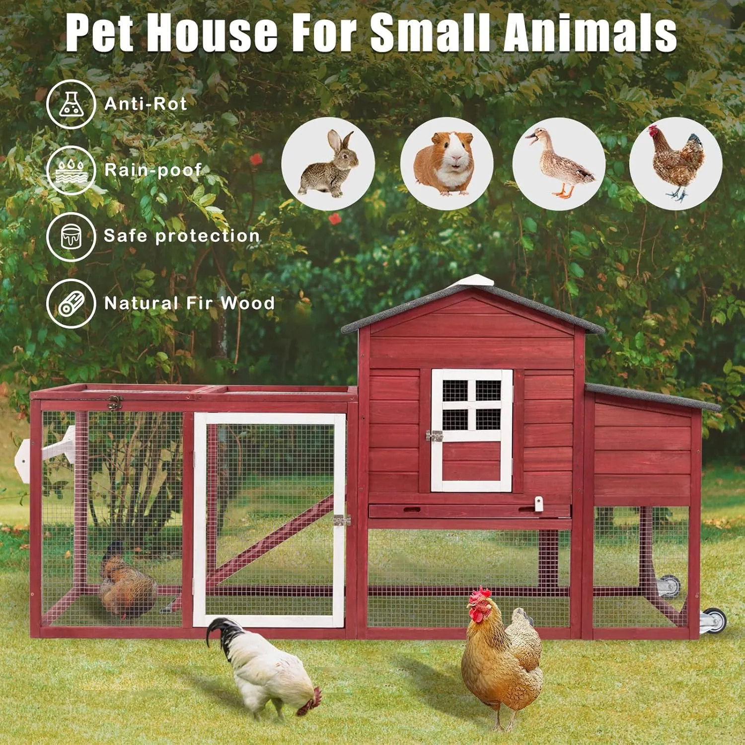Chicken Coop Solid Wood with Large Run Cage 2 Stories - Asphalt Roof, Nest Box, Pu Wheels, Expandable Solid Wood Cage