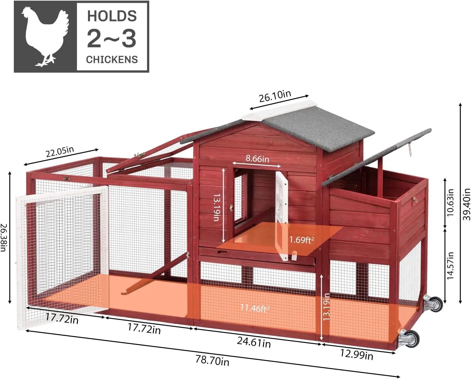 Chicken Coop Solid Wood with Large Run Cage 2 Stories - Asphalt Roof, Nest Box, Pu Wheels, Expandable Solid Wood Cage