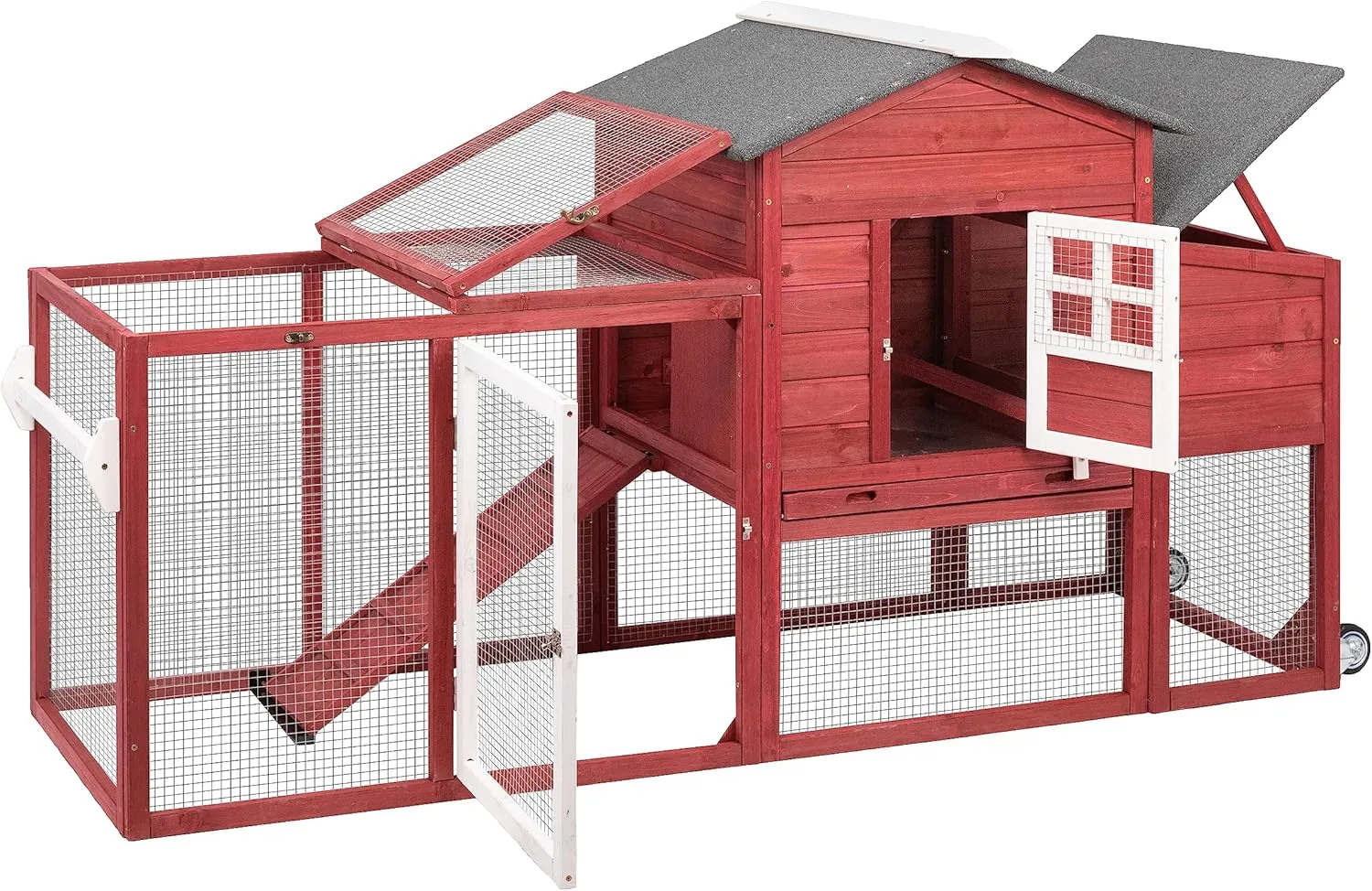 Chicken Coop Solid Wood with Large Run Cage 2 Stories - Asphalt Roof, Nest Box, Pu Wheels, Expandable Solid Wood Cage