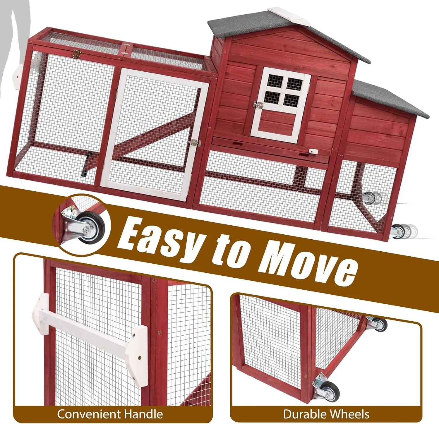 Chicken Coop Solid Wood with Large Run Cage 2 Stories - Asphalt Roof, Nest Box, Pu Wheels, Expandable Solid Wood Cage