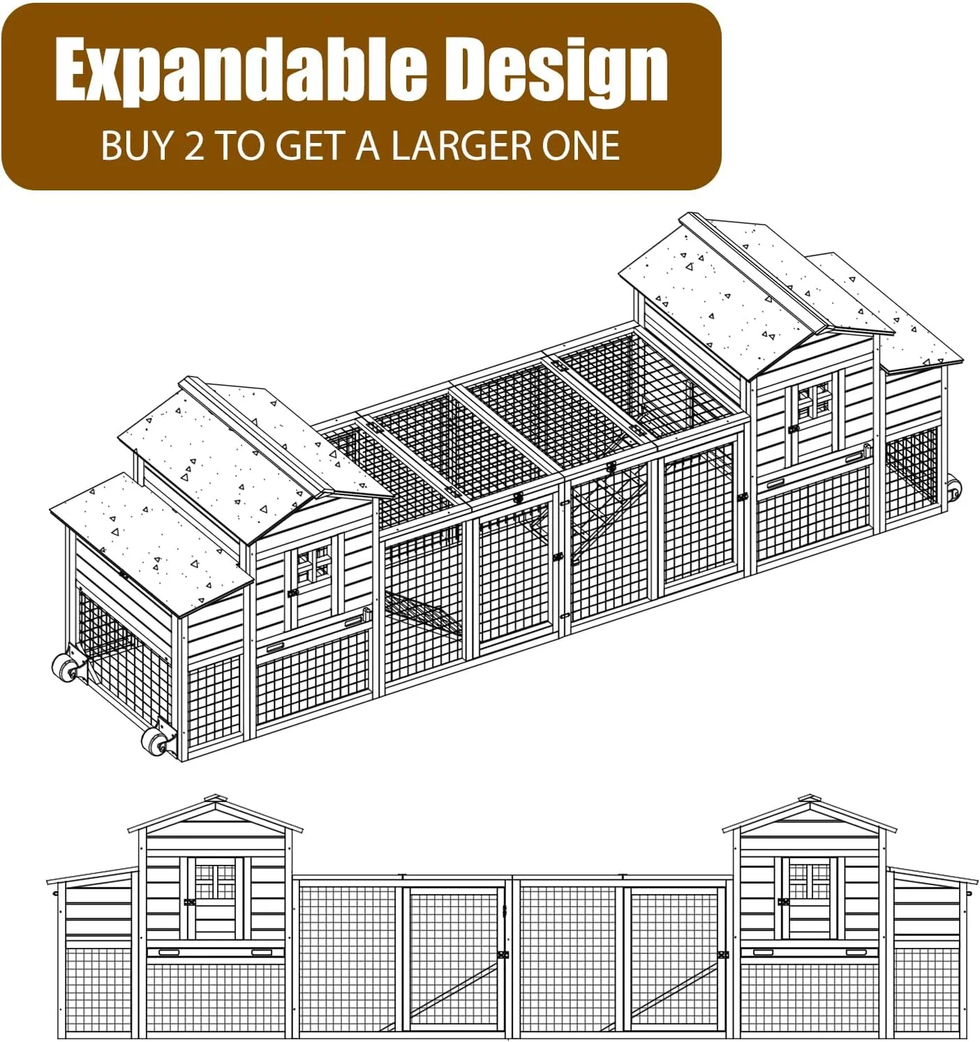 Chicken Coop Solid Wood with Large Run Cage 2 Stories - Asphalt Roof, Nest Box, Pu Wheels, Expandable Solid Wood Cage