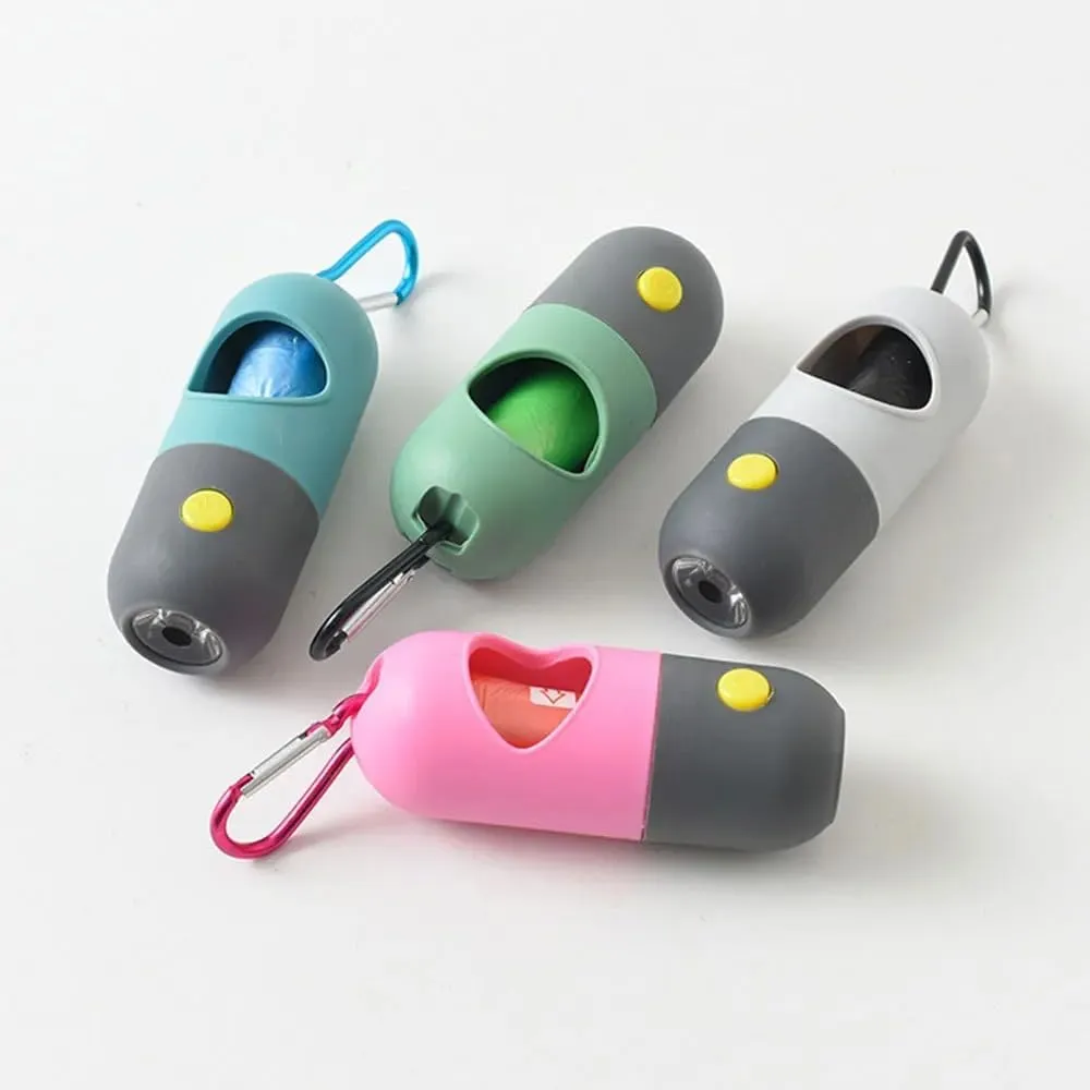 Dog Poop bag holder with LED Light, Stainless Steel leash, walking dog poop holder with built in light with free 1 poop bag roll (Pink)