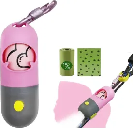 Dog Poop bag holder with LED Light, Stainless Steel leash, walking dog poop holder with built in light with free 1 poop bag roll (Pink)