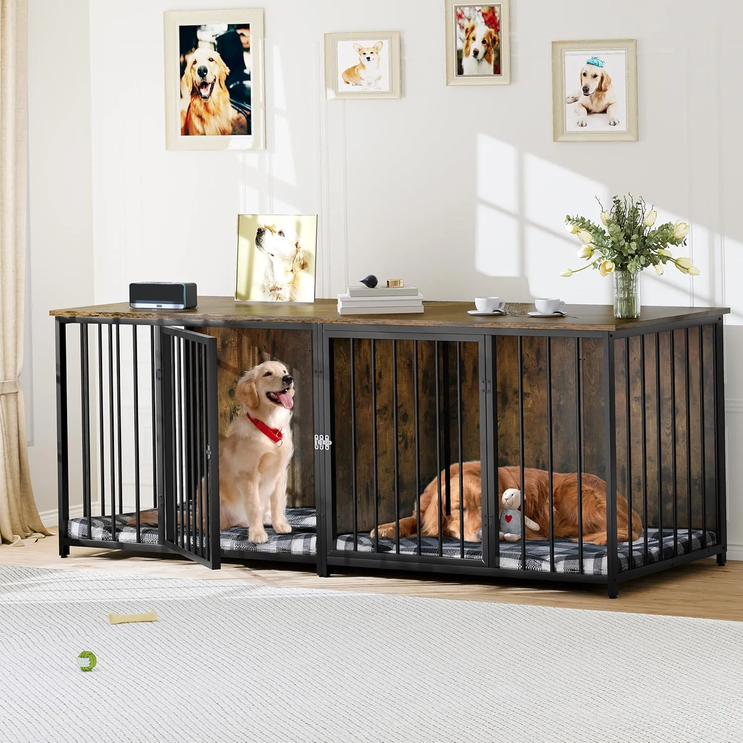 DWVO Double Dog Kennel Furniture, 80.2" Dog Cage Furniture with Divider, Double Dog Crate TV Stand for 2 Medium Dogs, Brown