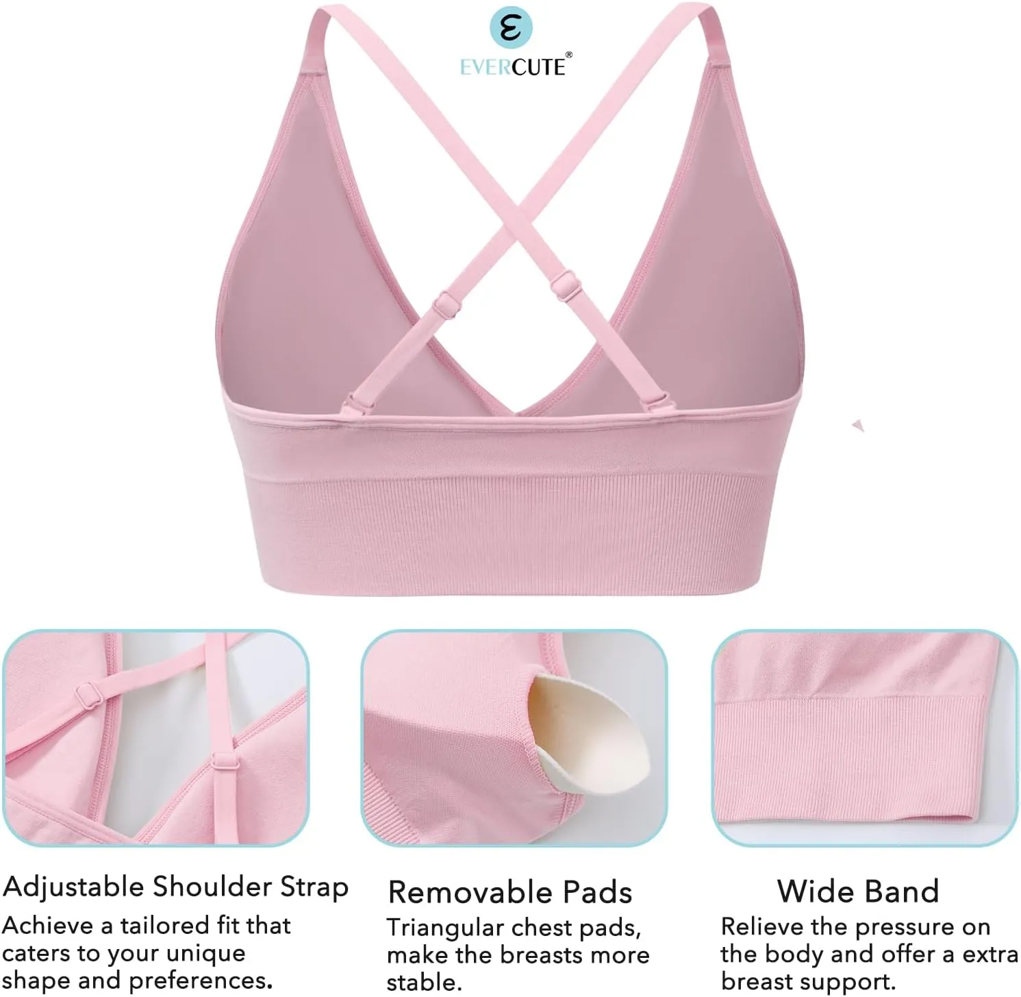 Evercute Women's Sports Bras Adjustable Deep V Neck Bras Wireless Spaghetti Strap Criss Cross Padded Low Support Sexy Bras