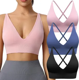 Evercute Women's Sports Bras Adjustable Deep V Neck Bras Wireless Spaghetti Strap Criss Cross Padded Low Support Sexy Bras