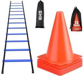 GHB Agility Ladder 1 Pack and 7 Inch 12 Pack Soccer Cones 2 Carrying Bag