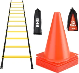 GHB Agility Ladder 1 Pack and 7 Inch 12 Pack Soccer Cones 2 Carrying Bag
