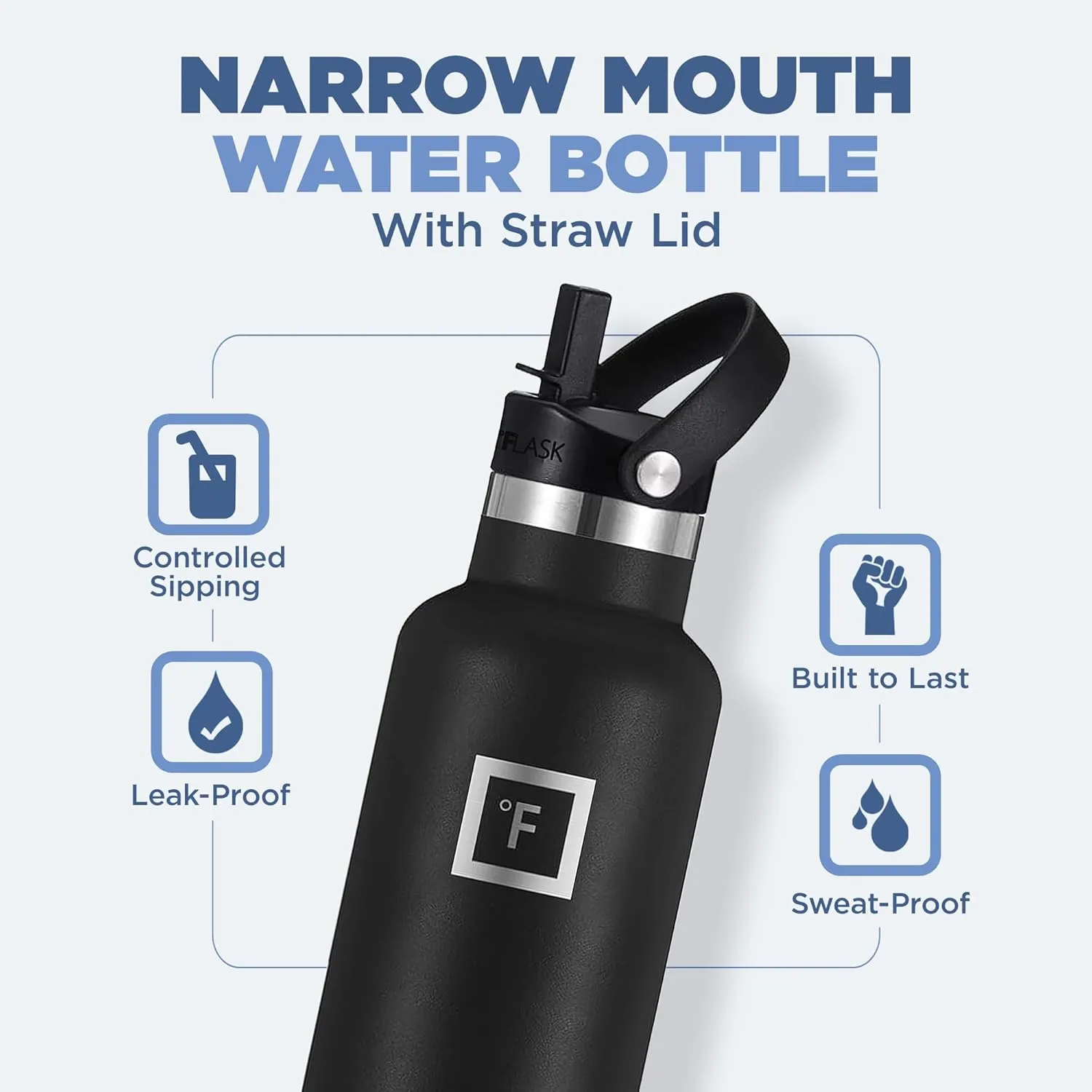 IRON FLASK Sports Water Bottle - 24 Oz - 3 Lids (Narrow Straw Lid) Leak Proof Vacuum Insulated Stainless Steel - Hot & Cold Double Walled Insulated Thermos, Durable Metal Canteen