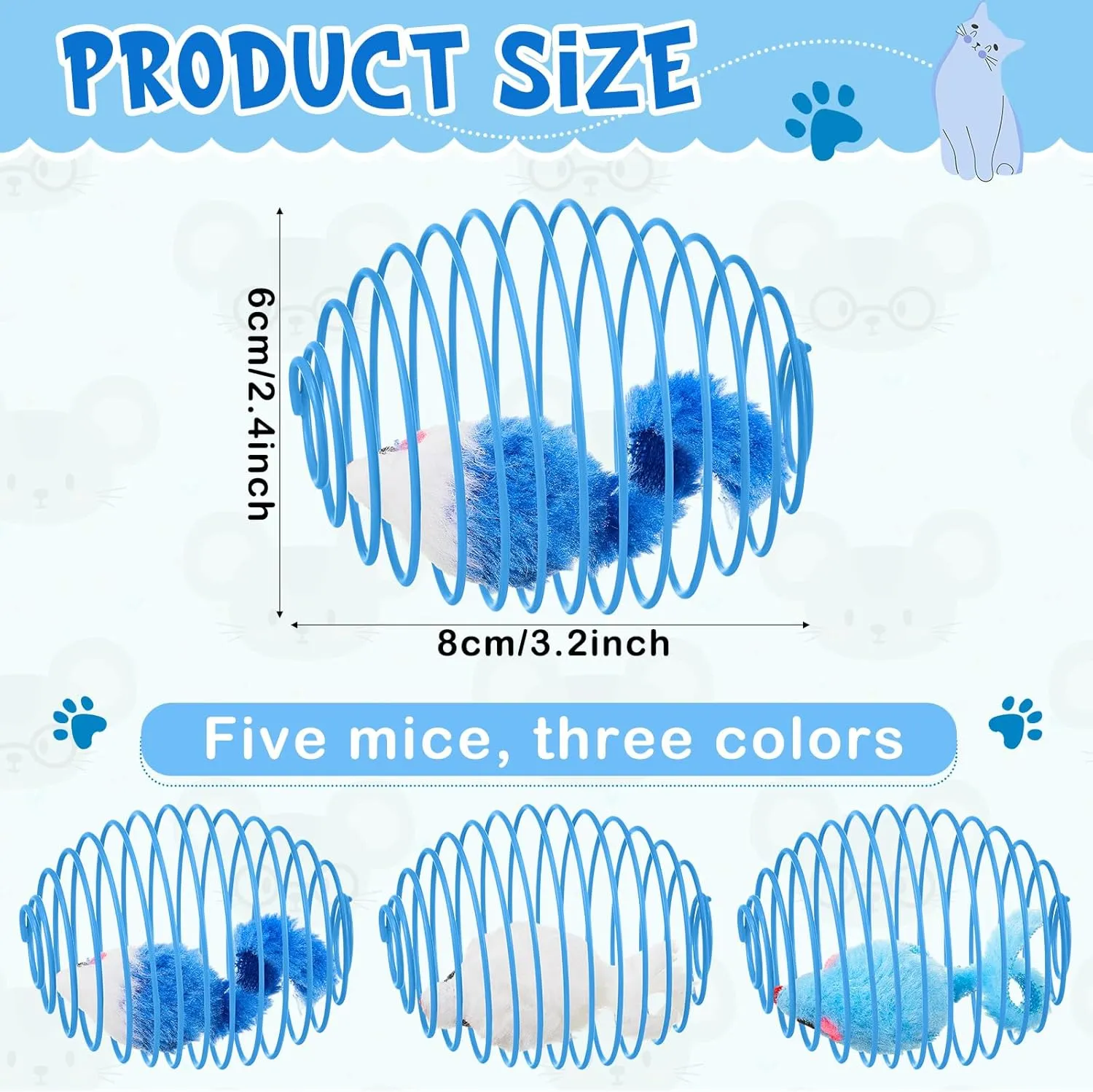 Jecery 5 Pcs Cat Spring Balls Stretchable Springs Toys Interactive Rolling Balls Colorful Playful Coils Spring Action Toy Caged Rats for Kitten Cat Pet Supplies Indoor (Blue White)
