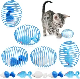 Jecery 5 Pcs Cat Spring Balls Stretchable Springs Toys Interactive Rolling Balls Colorful Playful Coils Spring Action Toy Caged Rats for Kitten Cat Pet Supplies Indoor (Blue White)