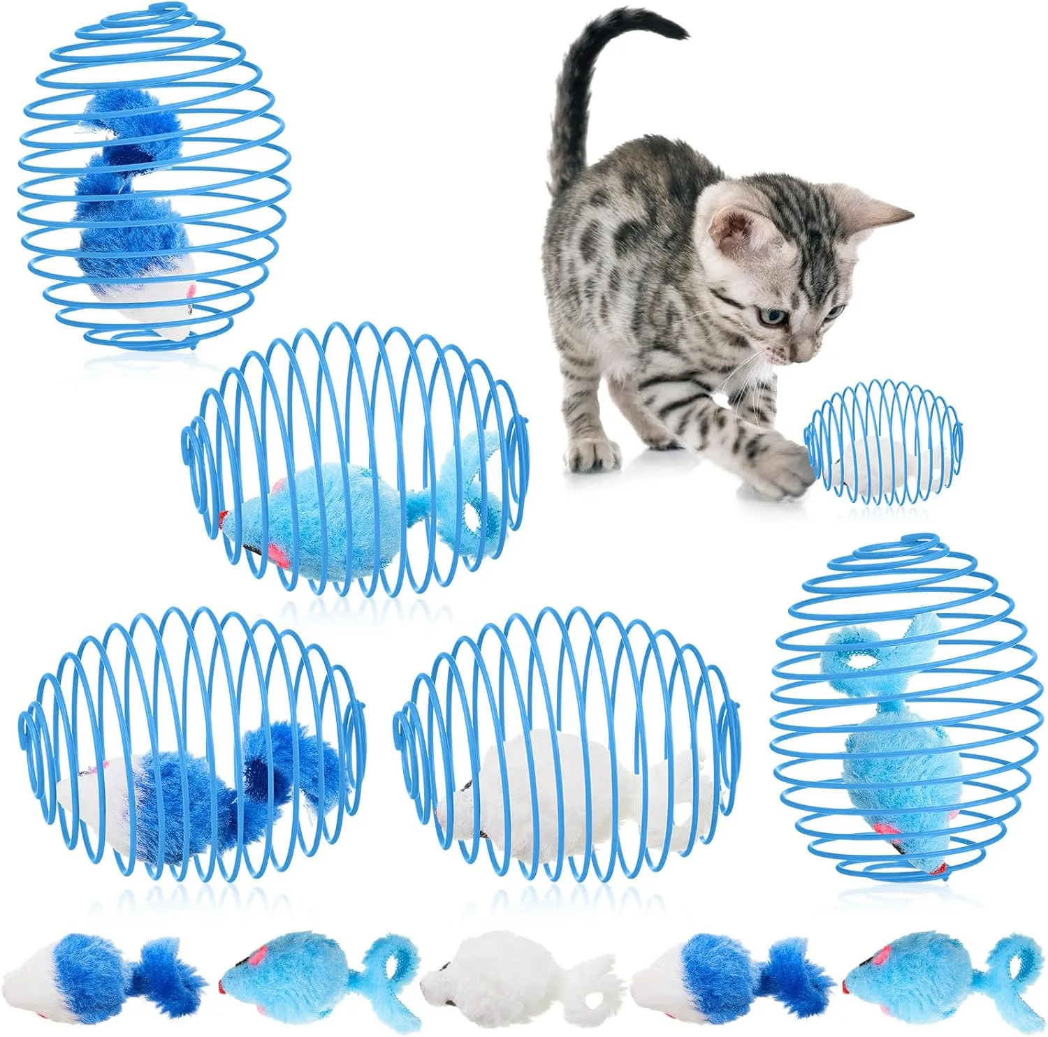 Jecery 5 Pcs Cat Spring Balls Stretchable Springs Toys Interactive Rolling Balls Colorful Playful Coils Spring Action Toy Caged Rats for Kitten Cat Pet Supplies Indoor (Blue White)