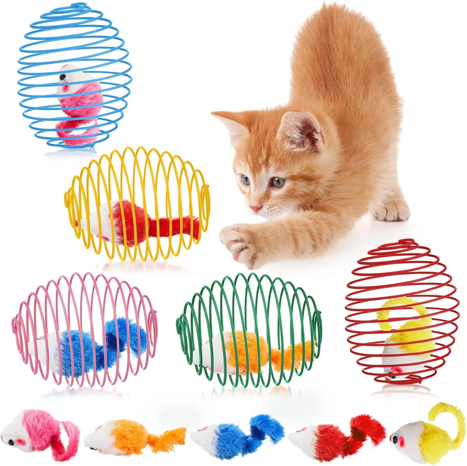 Jecery 5 Pcs Cat Spring Balls Stretchable Springs Toys Interactive Rolling Balls Colorful Playful Coils Spring Action Toy Caged Rats for Kitten Cat Pet Supplies Indoor(Bright)