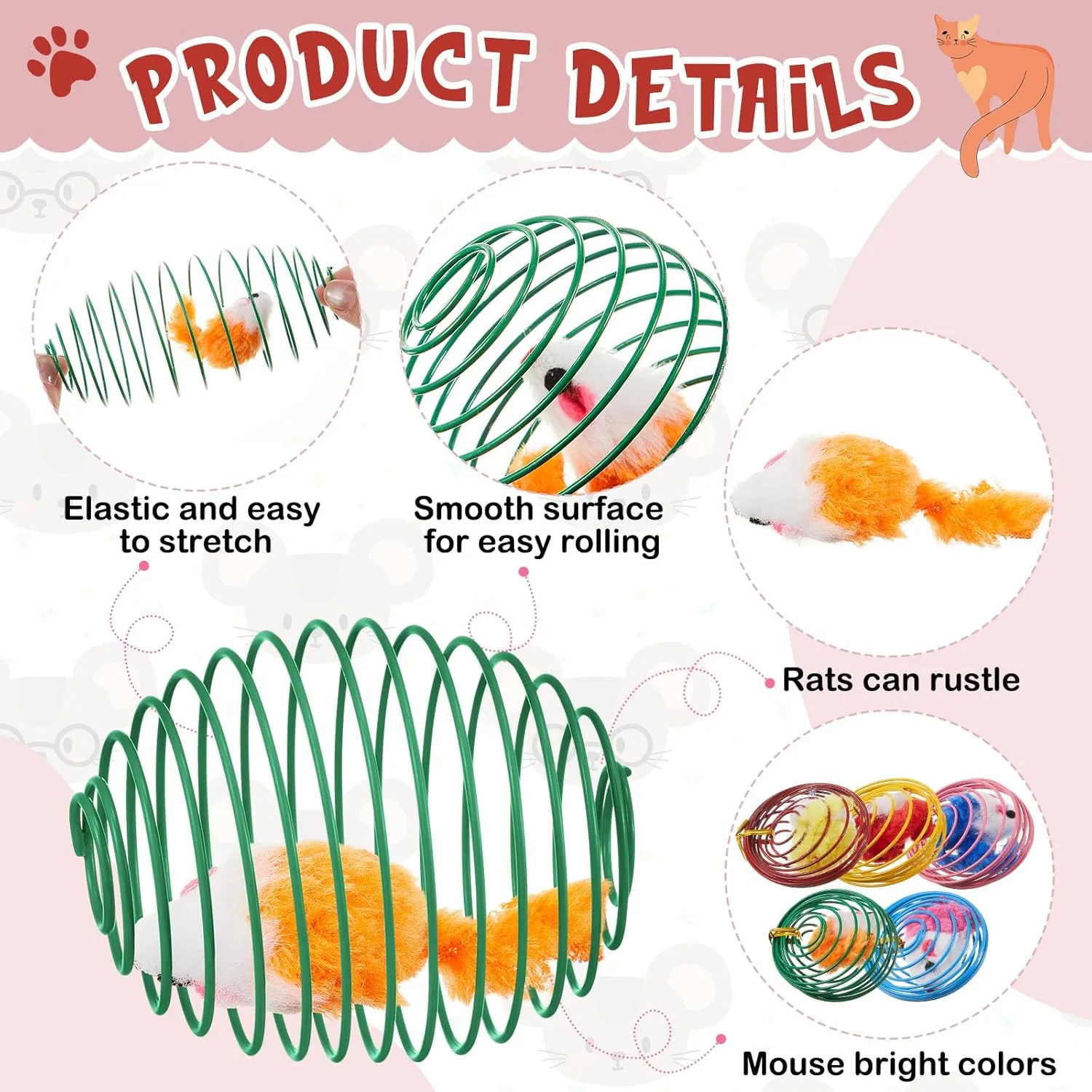 Jecery 5 Pcs Cat Spring Balls Stretchable Springs Toys Interactive Rolling Balls Colorful Playful Coils Spring Action Toy Caged Rats for Kitten Cat Pet Supplies Indoor(Bright)