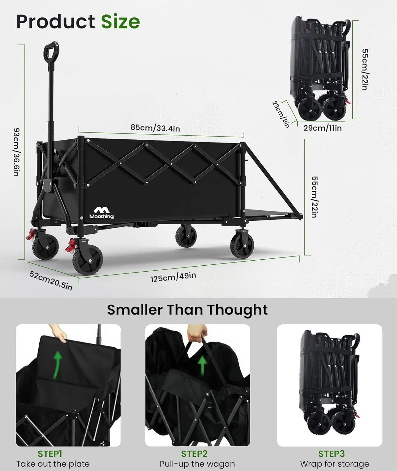 Large Foldable Wagons Extended, Collapsible Wagon with Tailgate, 49L Folding Wagons with Brakes, Grocery Wagon, Utility Cart for Sports, Shopping, and Camping, Black