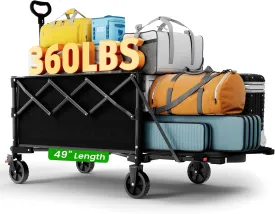 Large Foldable Wagons Extended, Collapsible Wagon with Tailgate, 49L Folding Wagons with Brakes, Grocery Wagon, Utility Cart for Sports, Shopping, and Camping, Black