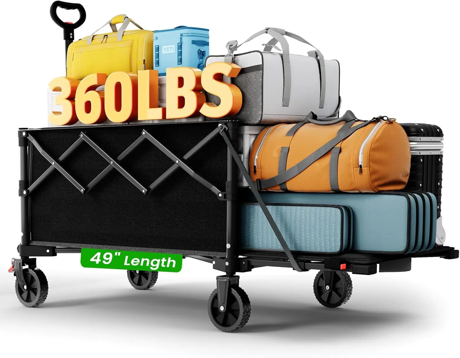 Large Foldable Wagons Extended, Collapsible Wagon with Tailgate, 49L Folding Wagons with Brakes, Grocery Wagon, Utility Cart for Sports, Shopping, and Camping, Black