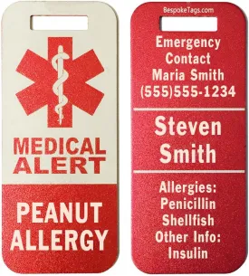 Medical Alert Tag "Peanut Allergy" - Customized Engraved Info (Red)