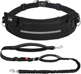 Pecute Hands Free Dog Leash with Pouch, Waist Belt Fanny Pack with Soft Pads, Dual Padded Handles and Durable Bungee for Walking, Hiking, Jogging Biking,Running,Black(Up to 150lbs)