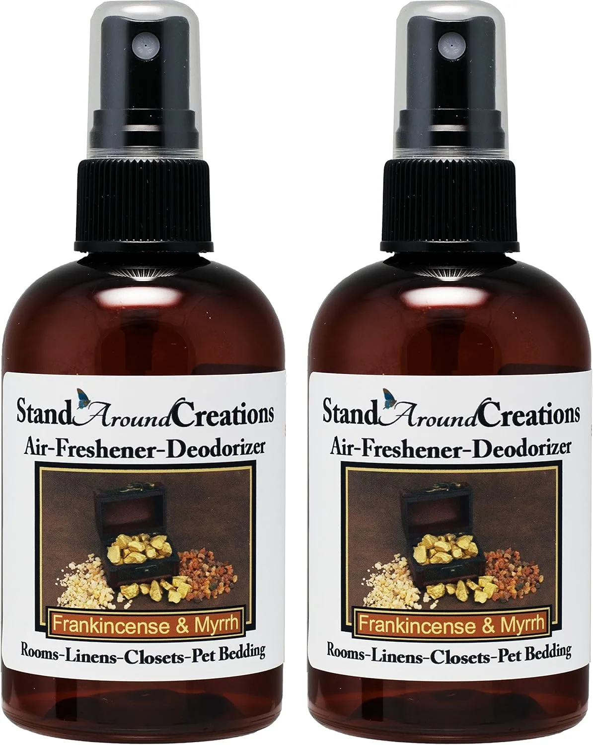 Set of 2 - Highly Concentrated Air Freshener/Room Deodorizer sprays For Cars/Bath Rooms/Pet bedding/Linen closets/Etc. Scent: Frankincense And Myrrh 4 oz. each. Naturally Strong, Highly Scented.