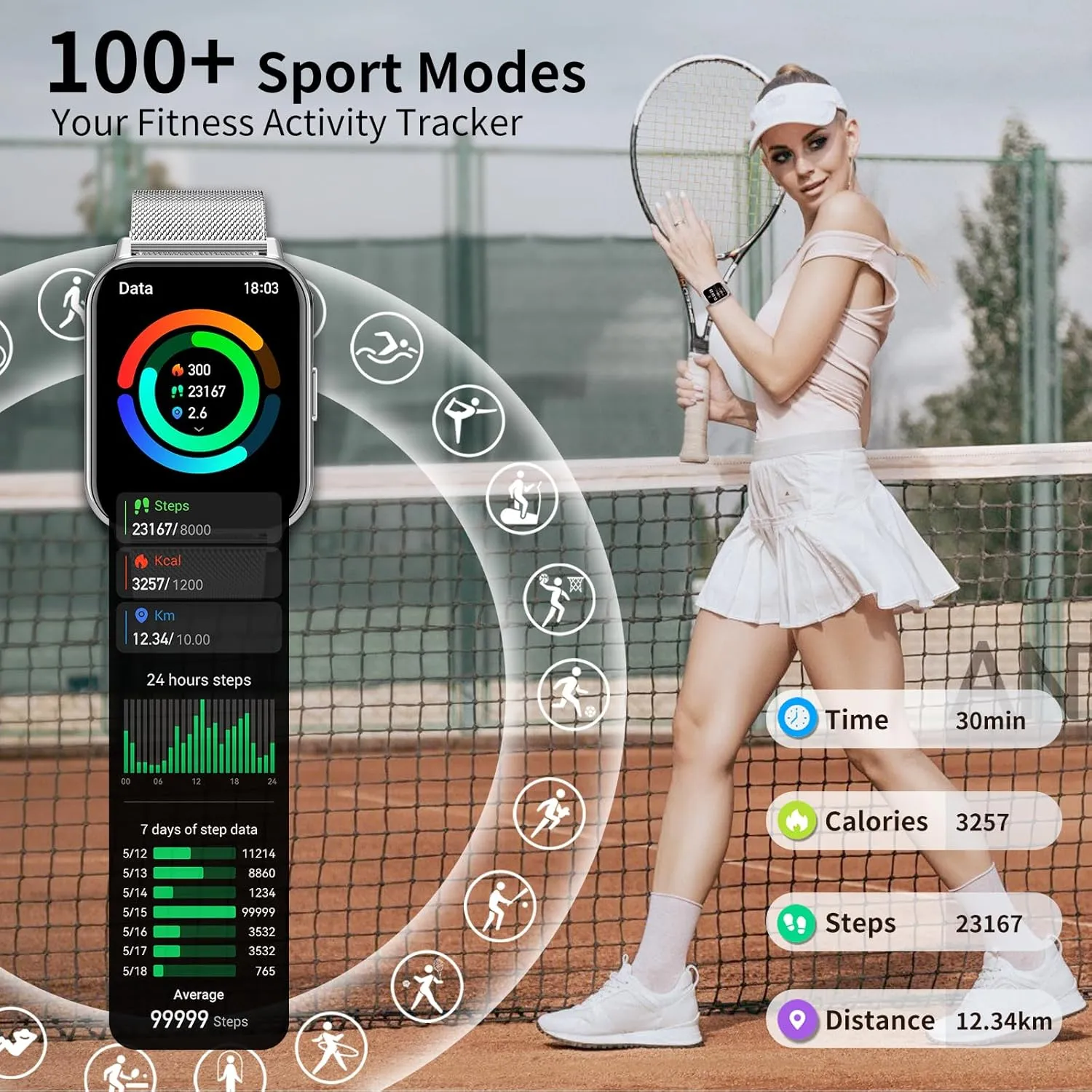 Smart Watch for Women (Answer/Make Calls), 1.85" Large Screen Fitness Watch with Health Monitor 100  Sports Sleep Monitor Heart Rate/BP/SPO2 Waterproof Smartwatch for Android and iOS Silver