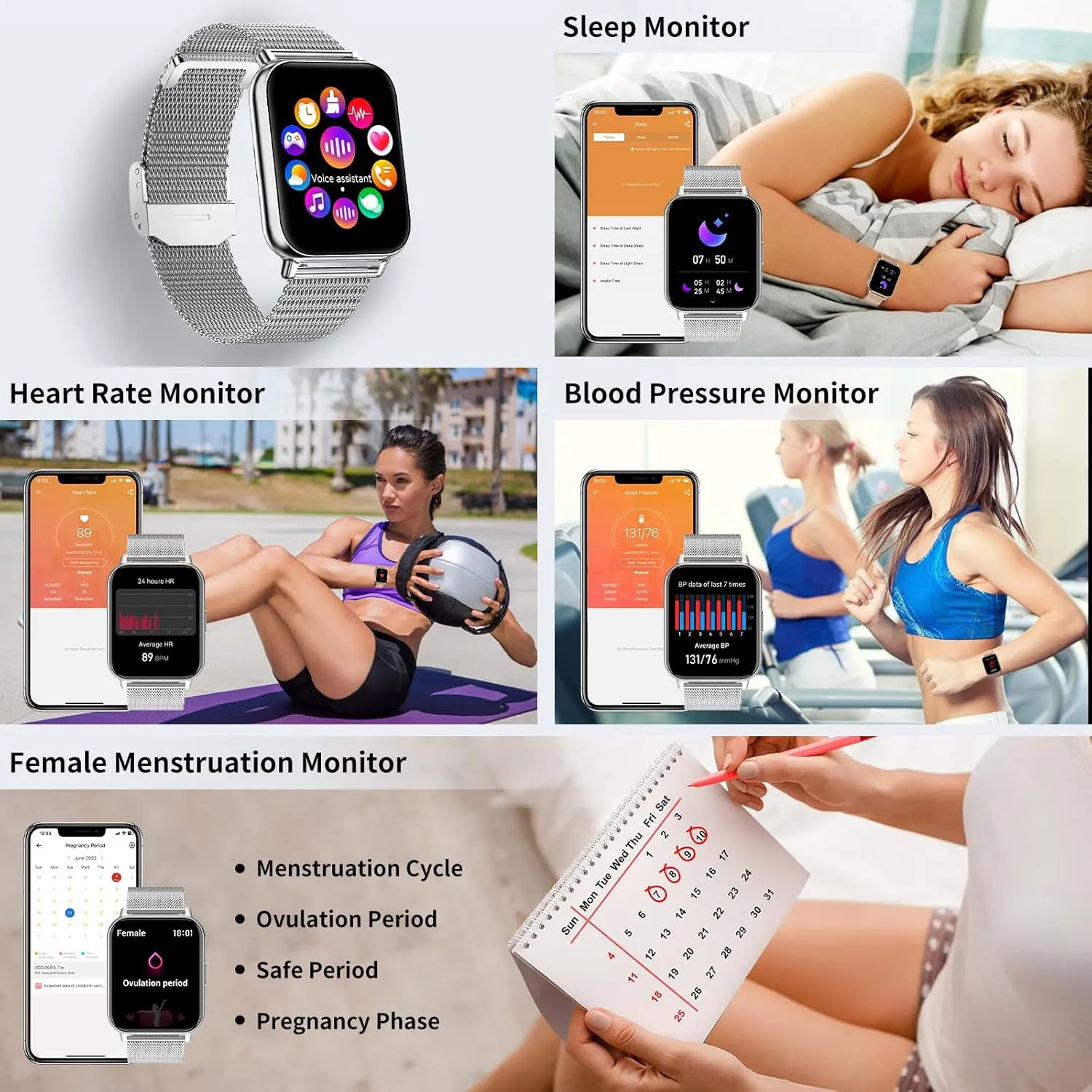 Smart Watch for Women (Answer/Make Calls), 1.85" Large Screen Fitness Watch with Health Monitor 100  Sports Sleep Monitor Heart Rate/BP/SPO2 Waterproof Smartwatch for Android and iOS Silver