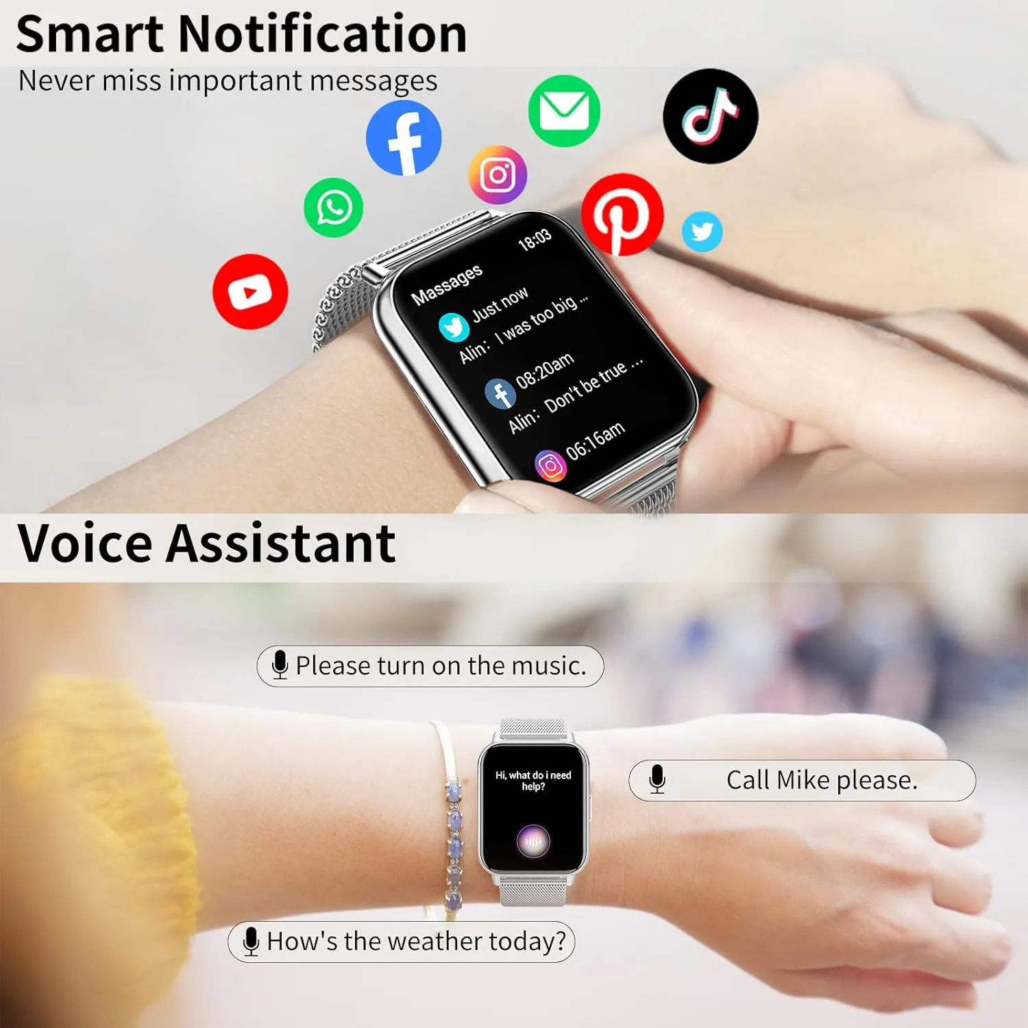 Smart Watch for Women (Answer/Make Calls), 1.85" Large Screen Fitness Watch with Health Monitor 100  Sports Sleep Monitor Heart Rate/BP/SPO2 Waterproof Smartwatch for Android and iOS Silver