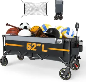 TIMBER RIDGE 51.2'' Extended Collapsible Wagon Cart with Brakes and Cargo Net, 350LBS Heavy Duty Foldable Utility Wagon with Adjustable Handle, 400L Capacity Portable Cart for Camping Sports Shopping