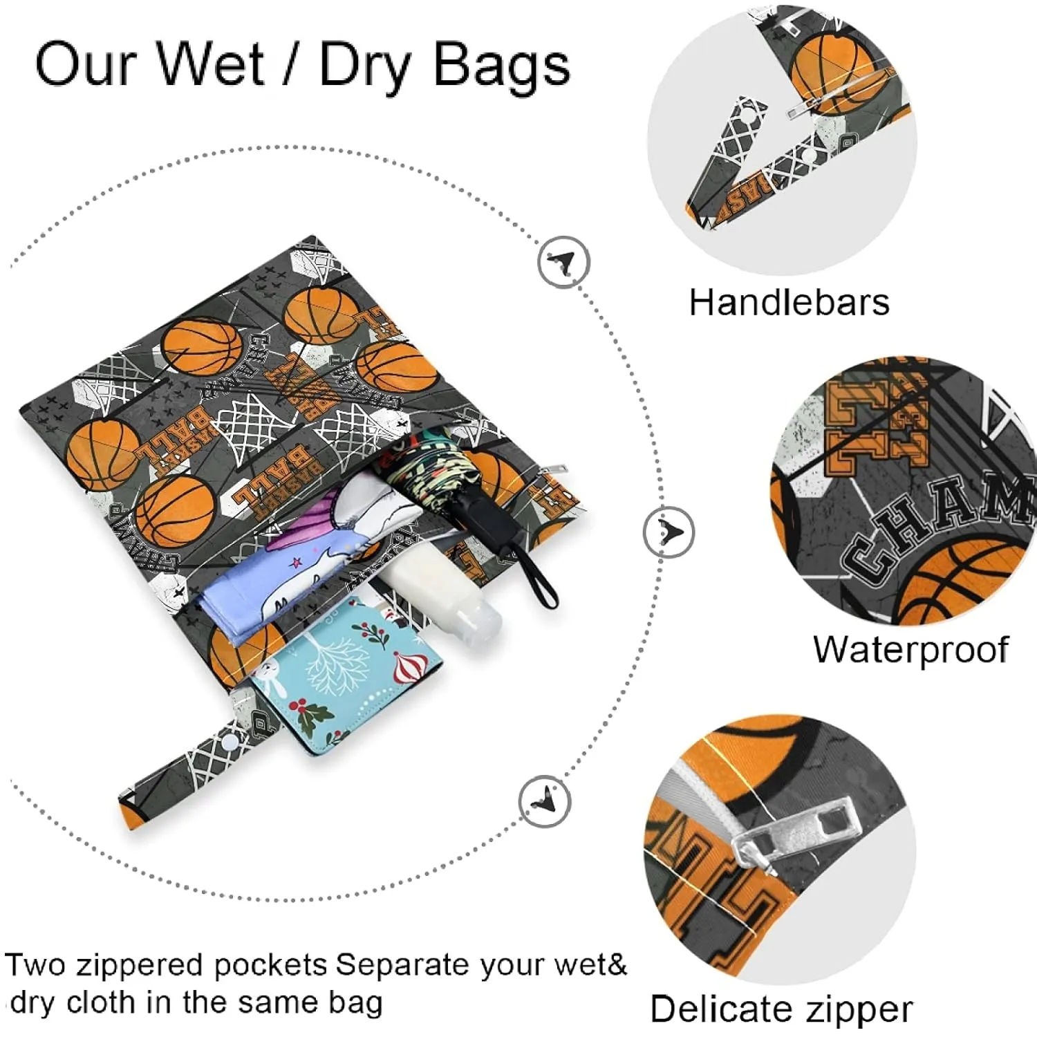 visesunny Basketball Abstract Grunge Sport Pattern 2Pcs Wet Bag with Zippered Pockets Washable Reusable Roomy for Travel,Beach,Pool,Daycare,Stroller,Diapers,Dirty Gym Clothes, Wet Swimsuits, Toiletrie