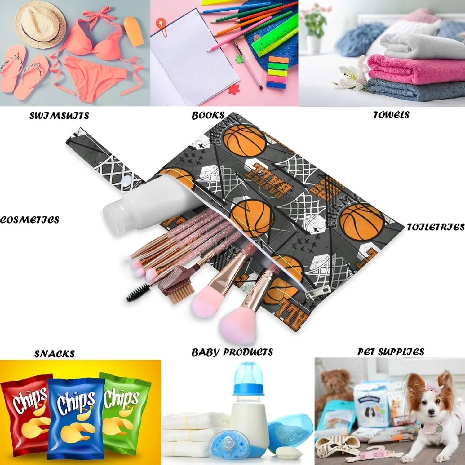 visesunny Basketball Abstract Grunge Sport Pattern 2Pcs Wet Bag with Zippered Pockets Washable Reusable Roomy for Travel,Beach,Pool,Daycare,Stroller,Diapers,Dirty Gym Clothes, Wet Swimsuits, Toiletrie